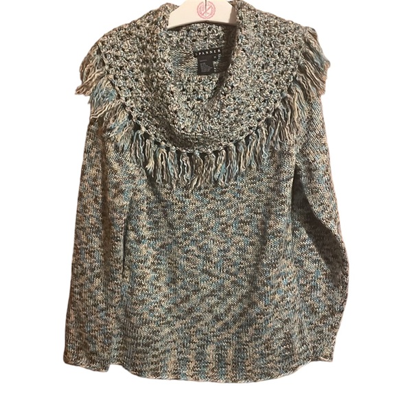 •SPANNER•NWOT TEAL/TAN/OATMEAL COWLNECK SHAWL FRINGE KNIT SWEATER SIZE MEDIUM - Picture 4 of 10